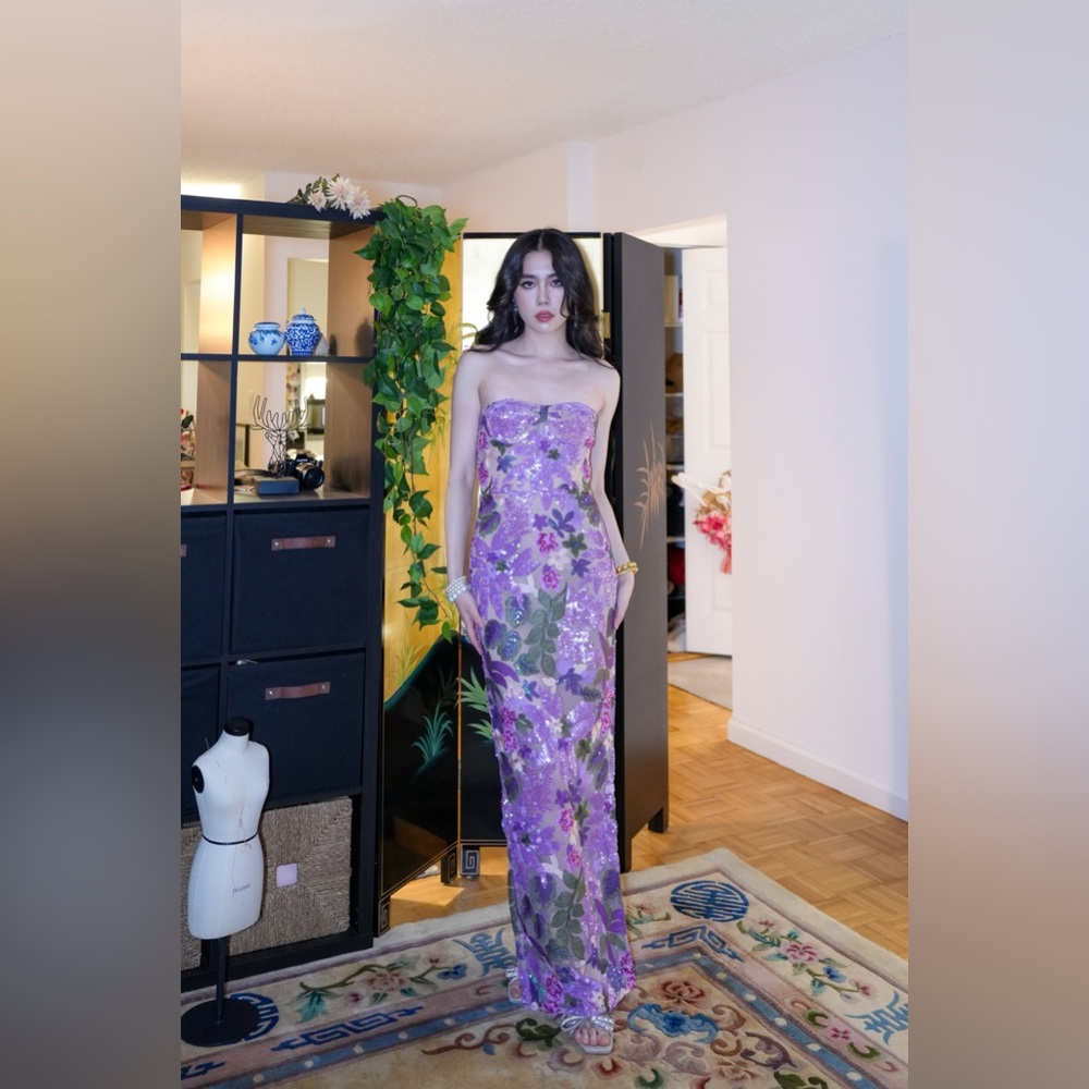 Bronx and Banco Purple Floral Strapless Sequin Gown